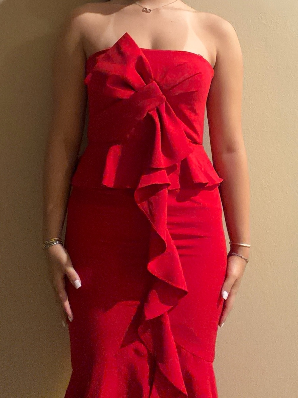 Strapless Red Ruffle Midi Dress - Picture 2 of 4